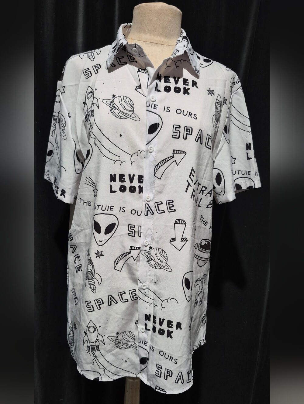 ROMWE White Short Sleeve Button-Up Space Print Shirt (Box B)